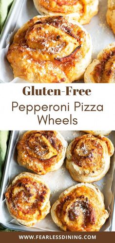 gluten - free pepperoni pizza wheels on a baking sheet with text overlay