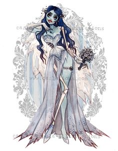 a drawing of a woman with blue hair and white dress holding flowers in her hand