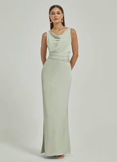 Sage Green Satin Backless Sheath bridesmaid dresses NZ Bridal EB30521 Ruth a Aw Bridal Bridesmaid, Bridesmaid Maxi Dress, Spring Green Bridesmaid Dresses, Cowl Neck Dress With Sleeves, Blue Green Wedding Colors, Cowl Neck Wedding Dress, Silk Bridesmaid Dress, Sheath Bridesmaid Dress, Green Satin Bridesmaid Dresses