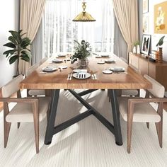 a dining room table with chairs, plates and plants in the center is surrounded by beige drapes