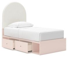 a bed with two drawers underneath it and a headboard on the bottom shelf next to it