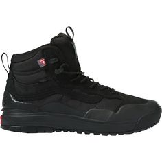 a pair of black sneakers with red accents on the side and laces down the sides