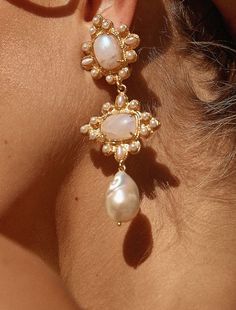 Buy Charlotte Earrings White by Christie Nicolaides - Jewellery 840IQUNF68 | Seezona Statement Wedding Earrings, Christie Nicolaides, Soft Dramatic, White Stones, Pearl Jewellery, White Moonstone, Earrings White, Jewelry Inspo, Brass Earrings