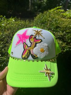 Summer fun, lime green and white foam front trucker hat. Iron on patches including a balloon animal dog, gold star chain, adjustable snap back. One Size. Trendy Green Snapback Hat For Summer, Trendy Baseball Cap With Patches, Trendy Green Trucker Hat For Spring, Green Snapback Hat For Spring, Green Fun Snapback Trucker Hat, Fun Green Snapback Trucker Hat, Green Snapback Hat With Embroidered Patch, Green Snapback Trucker Hat, Fun Style, Trendy Green Trucker Hat