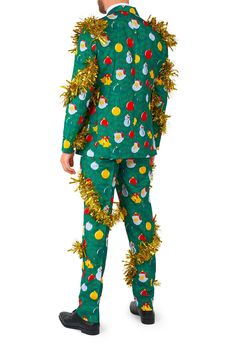 Decorated trees and golden tinsel bring Christmas cheer to this trim-fit suit that keeps you reveling all season in a jacket, pants and matching tie. Includes matching jacket, pants and tie Great for the Holidays 33 1/2" inseam; 15 1/2" leg opening Jacket has notched lapels; four-button cuffs; chest welt pocket; front flap pockets Lined 100% polyester Machine wash, line dry Imported Cheese Wedding, Decorated Trees, Suit Tie, Santa's Workshop, Green Suit, Trim Fit, Christmas Costumes, Fall Accessories, Fitted Suit