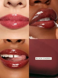 Black Cherry Lipgloss, Black Glossy Lips, Cool Lip Makeup, Dark Cherry Lips, Lip Gloss Black Women, Black Cherry Makeup, Cherry Cola Lips, Lipgloss Shades, Aesthetic Lip Gloss