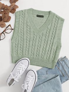 Green Casual Collar  Fabric Plain  Embellished High Stretch Spring/Fall Women Clothing Green Long Sleeve White Vest, Waffle Knit Sweater Vest, Knit Vest Pattern Free, Cable Knit Sweater Vest, Cropped Cable Knit Sweater, Knit Vest Pattern, 사진 촬영 포즈, Knit Sweater Vest, Cropped Pullover