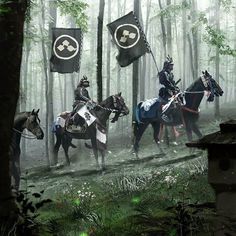 some people on horses in the woods with two black and one white flags are flying