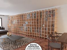 a living room filled with furniture and bookshelves next to a large wall mounted book shelf