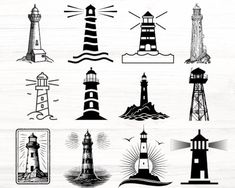 various lighthouses are shown in black and white on a wooden background, including one light house