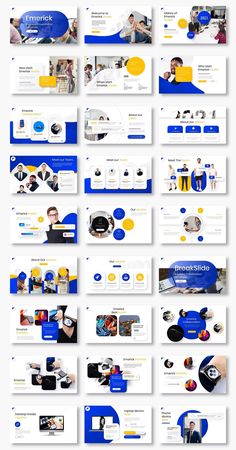 an image of a bunch of different webpages with blue and yellow designs on them