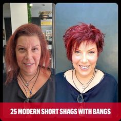 Bright Maroon Short Shag with Asymmetrical Bangs Pixie Haircut Fine Hair, Asymmetrical Bangs, Thick Hair Cuts