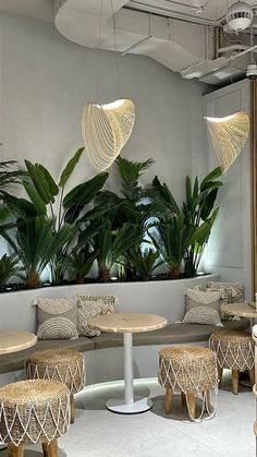 an indoor seating area with wicker chairs and round tables in front of large potted plants