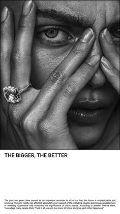 a woman holding her hands to her face with the words, the bigger the better