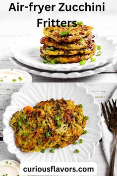 two plates with food on them and the words air fryer zucchini fritters