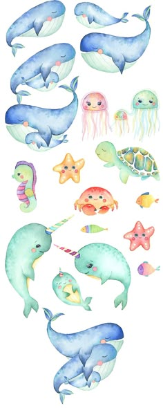 watercolor painting of different types of sea animals