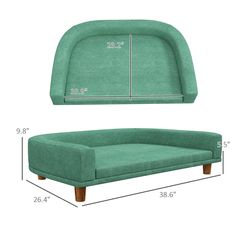 a green couch with measurements for it