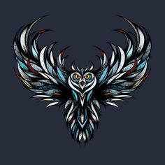 an owl with colorful wings on a dark background, in the style of tattoo art