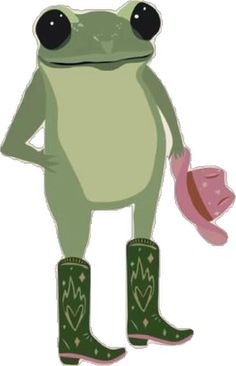 the frog is wearing green boots and holding a pink object in his hand, while standing on one leg