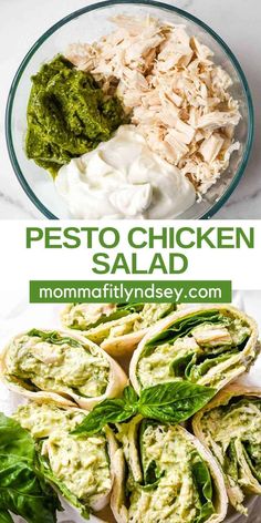 the ingredients for pesto chicken salad are shown in this collage with text overlay