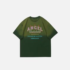 Front view of the green Retro Classic Angel T-Shirt in a gray background Goth Grunge Aesthetic, Angel Graphic, Angel T Shirt, 90s Y2k Fashion, Alt Clothes, 90s Hip Hop Fashion, Baby Tees Y2k, Y2k Baby Tee, Vintage Crop Tops