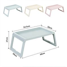 three different tables are shown with measurements for each table and the other one is white