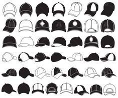 a set of baseball caps in different styles and sizes, all black on white background