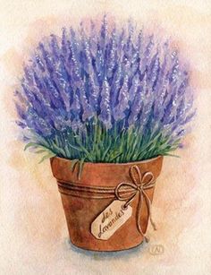 a painting of lavender in a pot with a tag