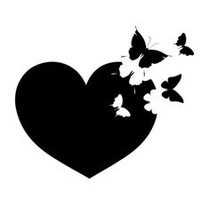 black and white heart with butterflies flying out of the center, on a white background