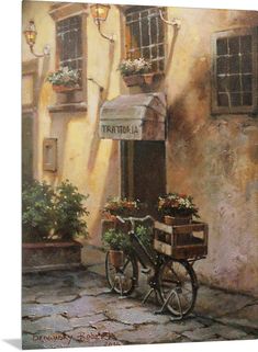 a painting of two bicycles parked in front of a building with potted plants on it