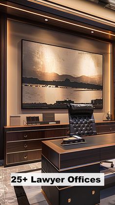 an office with a large painting on the wall and leather chair in front of it