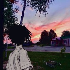 a drawing of a person with dreadlocks standing in front of a tree at sunset