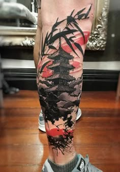 Trash Polka tattoos are very popular all around the world. Therefore, we have compiled the best Trash Polka tattoo ideas for you. Take a look. Covering Up Colored Tattoos, Samurai Tattoo On Leg, Trash Polka Japanese Tattoo, Japanese Trash Polka, Trash Polka Leg Tattoo, Tattoo Ideas For Men Color, Japanese Style Tattoos For Men, Japanese Color Tattoo