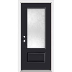 a black door with glass panels on the front and side panel, against a white background