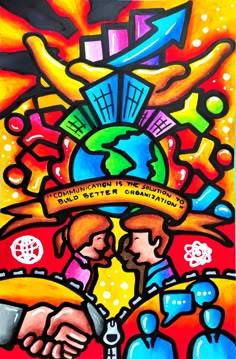 a painting of two people shaking hands in front of a colorful background with words and symbols