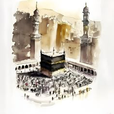 an artistic painting of the ka'bah in the middle of the city with people walking around it