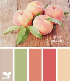 four peaches with green leaves on top and the words just peachy below them