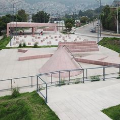 a skateboard park with ramps and stairs