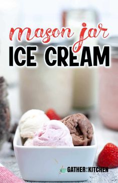 a bowl filled with ice cream next to some strawberries