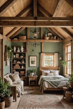 a bedroom with green walls and wooden beams, white bedding, potted plants and windows