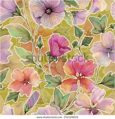 an abstract floral background with pink and purple flowers on green leaves, watercolor painting