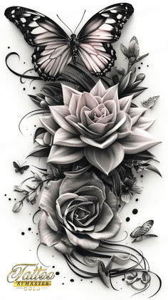 a black and white tattoo design with flowers, butterflies and roses on it's side