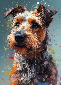 a painting of a dog with colorful paint splatters on it's face