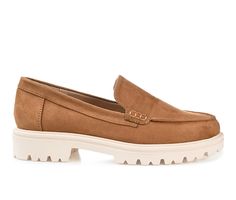 A basic classic with an unexpected twist. The Erika loafer by Journee Collection strikes all the right chords with its an almond-toe and a chunky lug sole. Soft vegan leather uppers topped with a moc-toe detail shape the look, and a padded footbed adds the right amount of comfort. Supple Vegan Leather upper, Slip-on, Approx. 1.5,Almond Toe, Tru Comfort Foam™ insole, Man-made Lug outsole, Loafer Style Design | Women's Journee Collection Erika Loafers in Tan Size 6.5 Loafer Style, Loafer Shoes Women, Loafers Style, Shoe Carnival, Journee Collection, Lug Sole, Womens Oxfords, Loafers For Women, Tan Brown