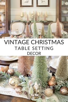 vintage christmas table setting with pine trees and ornaments