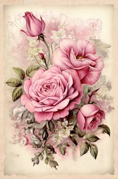 some pink roses and white flowers on a light colored background with an old - fashioned frame