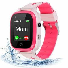 a pink and white smart watch with water splashing around it