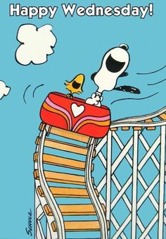 a cartoon dog riding on top of a roller coaster with a bird perched on it