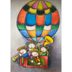 a painting of three children in a hot air balloon