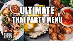 the ultimate thai party menu is ready to be eaten and served on plates with chopsticks